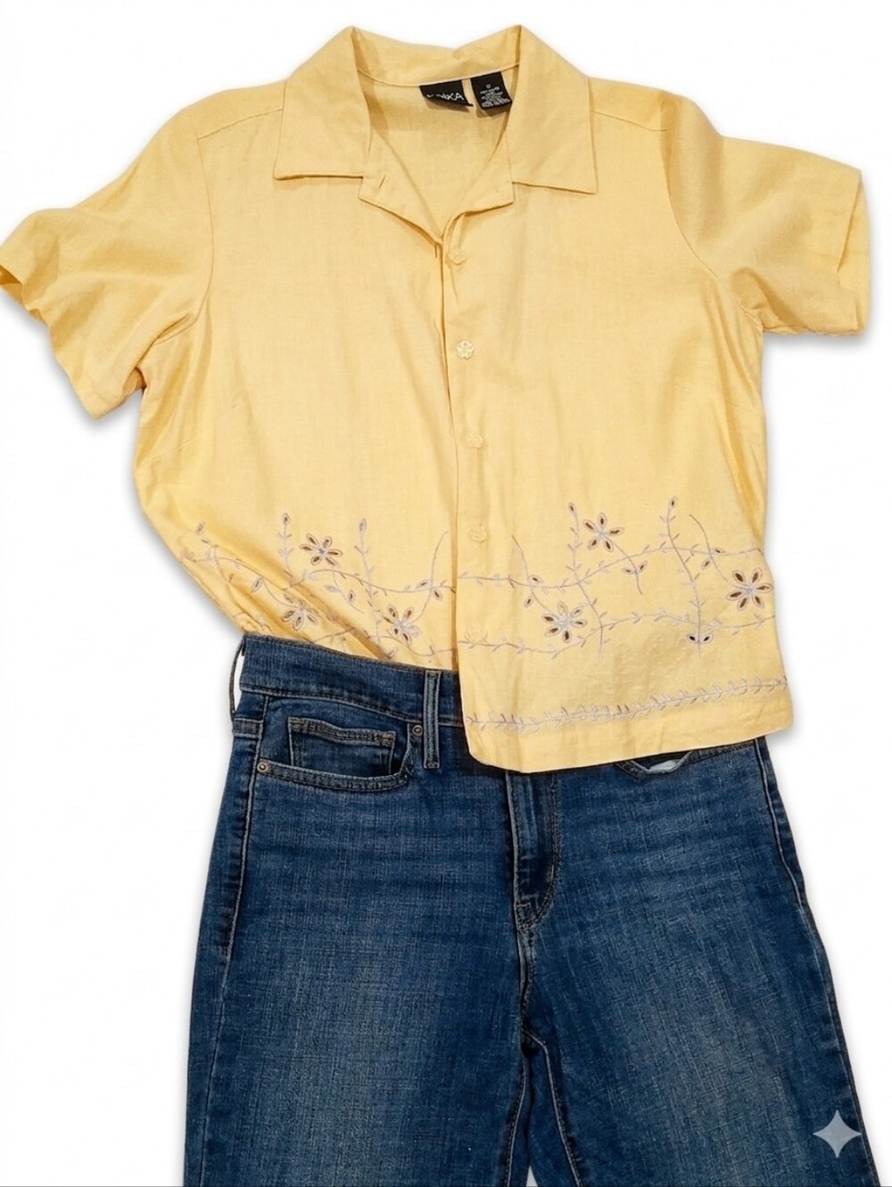 Vintage Light Yellow Linen Bland Floral Embroidered Button Up Shirt Size M